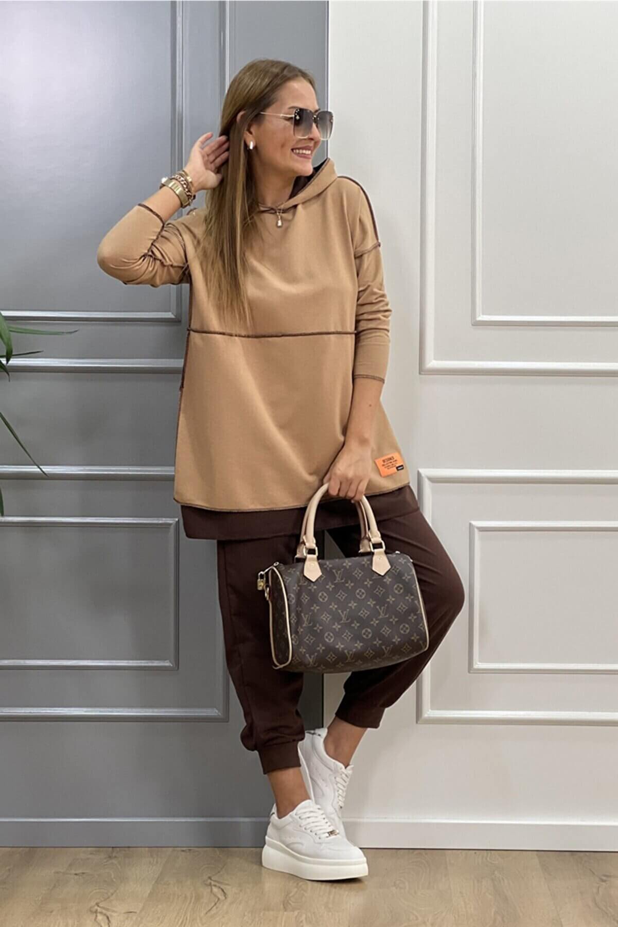  Kahve-camel Kapüşonlu Ikili Takım SMM