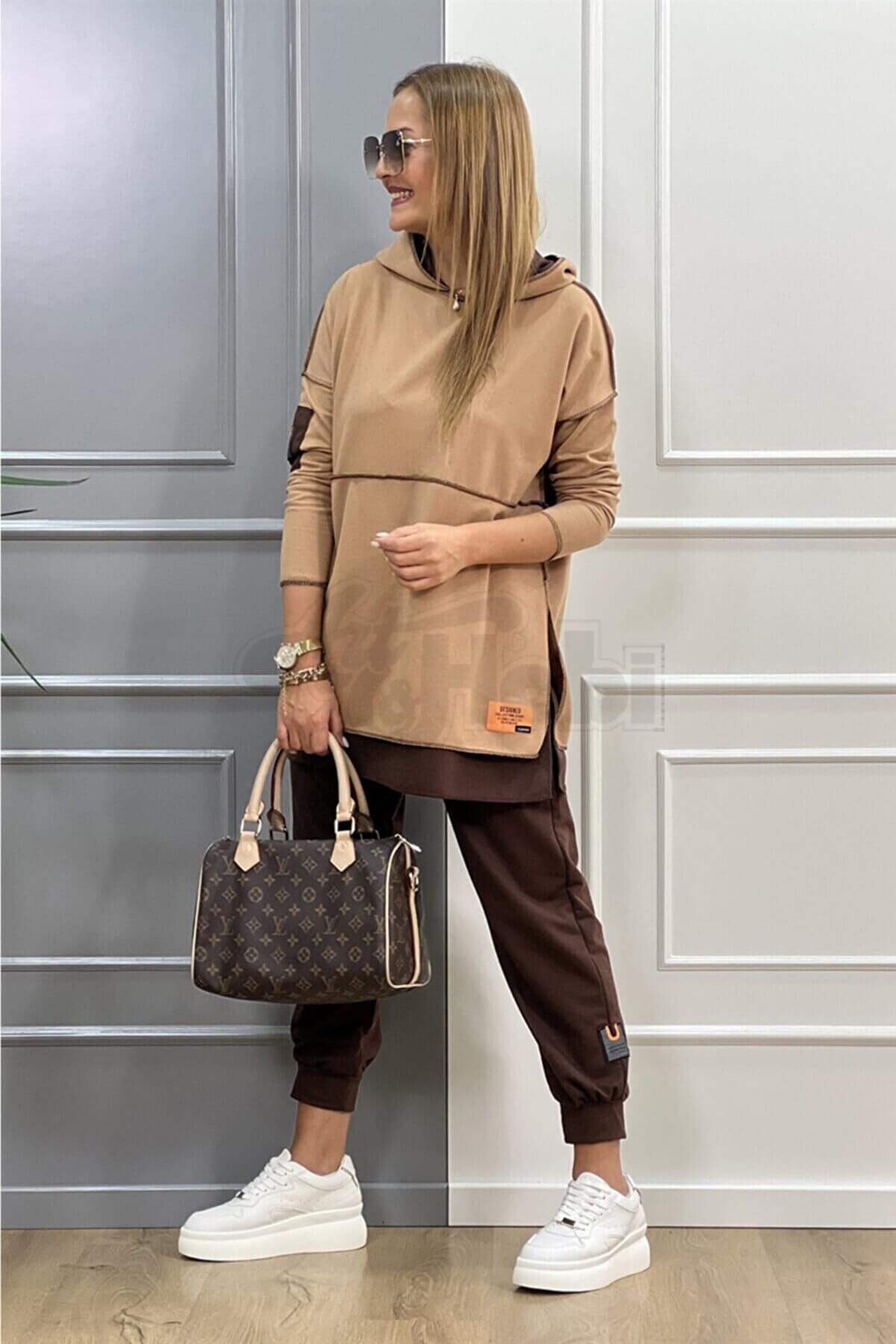 Kahve-camel Kapüşonlu Ikili Takım SMMMMMM
